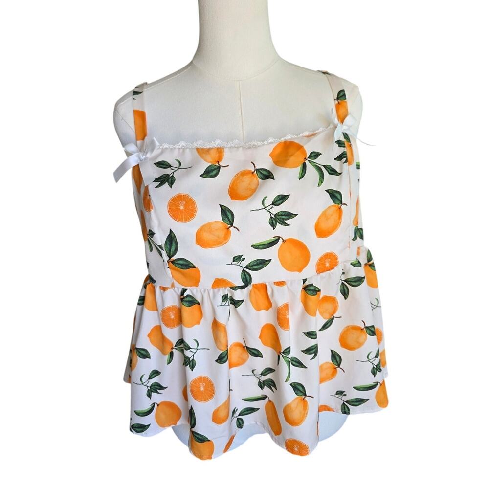 SHEIN Curve 2XL Lemon Print Peplum Cami Top Cottagecore Fruit Print Tank
